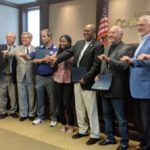 Tennessee Tech Coaches, President Oldham, AD Wilson, and Cookeville City Council go 'wings-up' after council recognized the performance of TTU spring athletics. (Photo Credit: Logan Weaver)