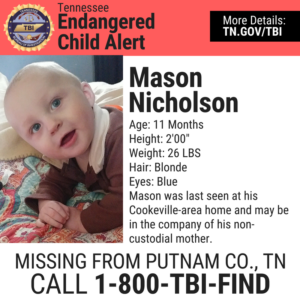 11-month-old Mason Nicholson was last seen in Cookeville with his non-custodial mother. (Photo: TBI).