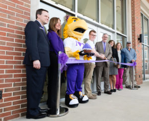 Left to right: Vice President for University Advancement Kevin Braswell, Dean of Students Katie Williams, Awesome Eagle, SGA President Mason Hilliard, Tech President Phil Oldham, Tech First Lady Kari Oldham, university interior designer Nicole Sims, and university project manager Bill Hall. (Photo: TTU)