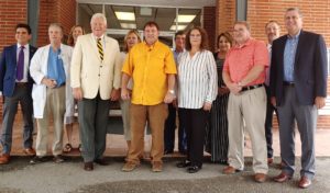 State Representative Kelly Keisling, new Celina hospital owner Johnny Presley (center), Celina Mayor Tonya Spears, Clay County Mayor Dale Reagan, CRMC Legal Consultant Luke Hill (back right), and CRMC CEO Paul Korth (Photo: Logan Weaver)